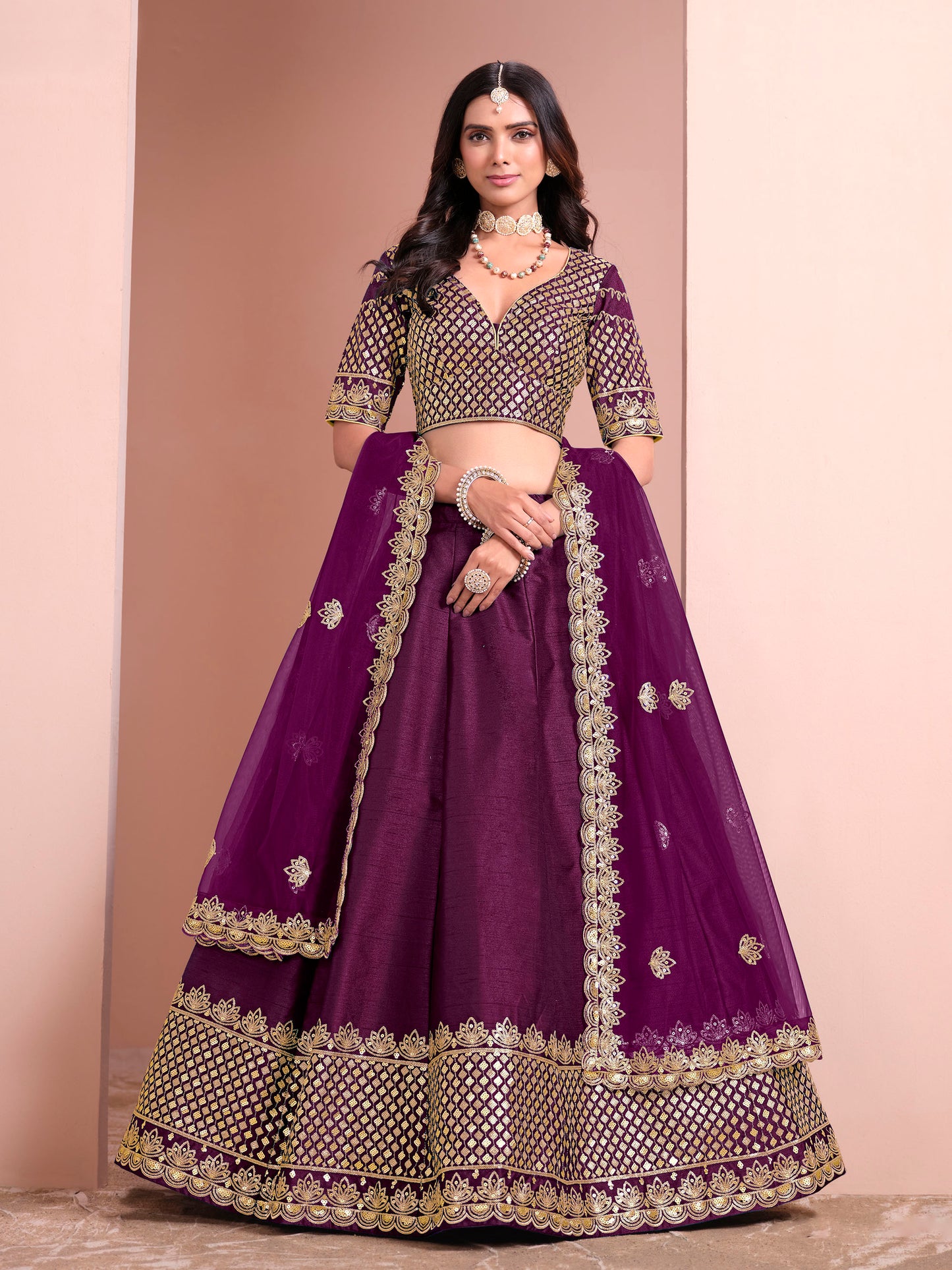 Wine Sequins Embroidered Art Silk Bridesmaid Lehenga