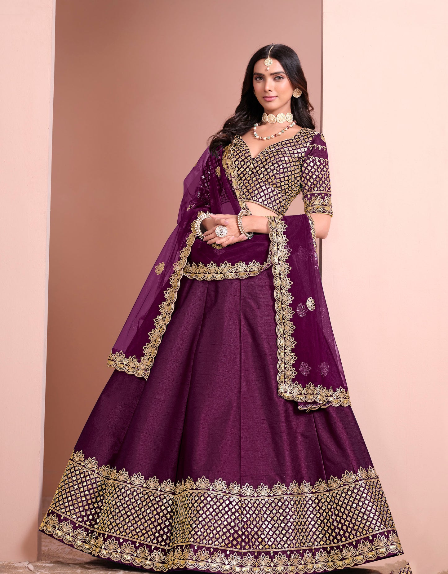 Wine Sequins Embroidered Art Silk Bridesmaid Lehenga