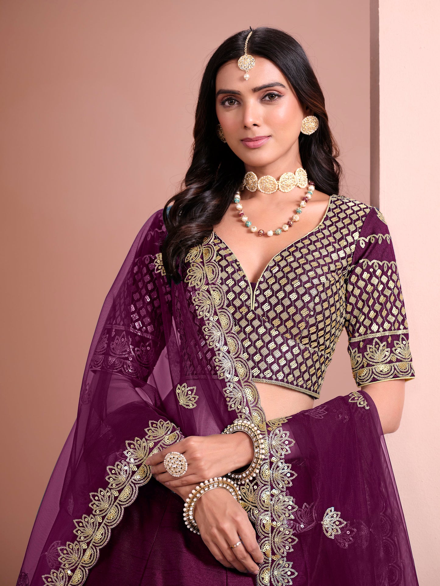 Wine Sequins Embroidered Art Silk Bridesmaid Lehenga