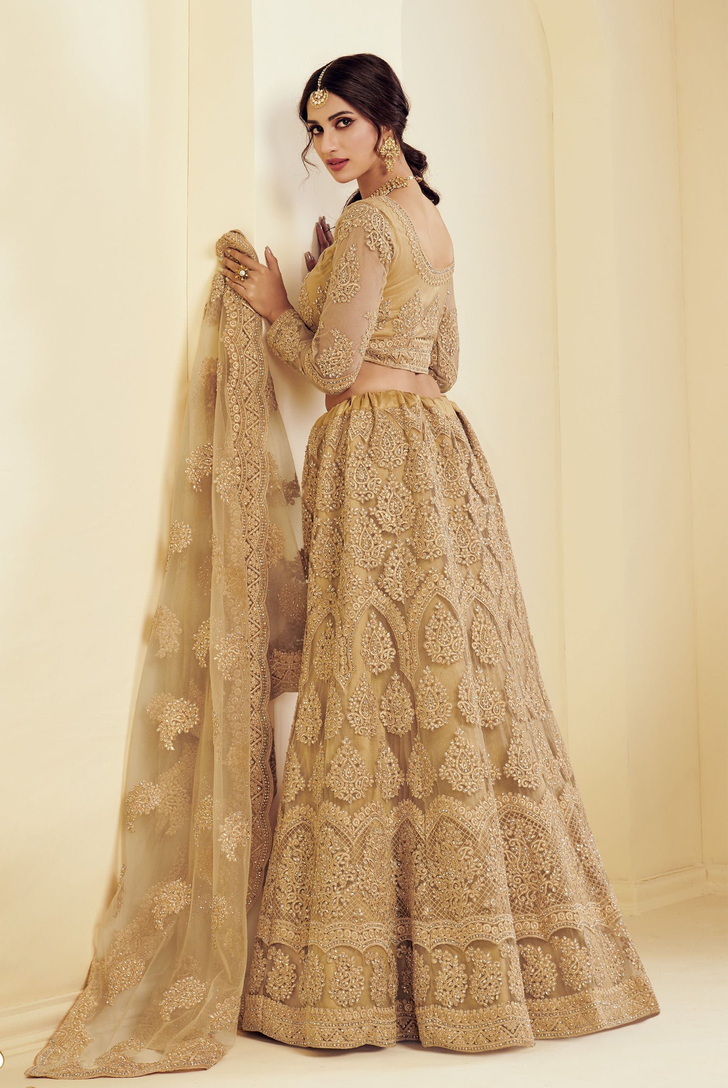 Gold Heavy Cording & Cut Work Embroidered Net Engagement Lehenga