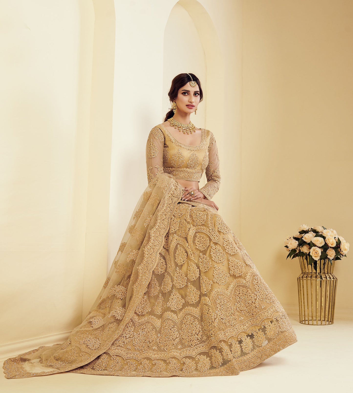 Gold Heavy Cording & Cut Work Embroidered Net Engagement Lehenga