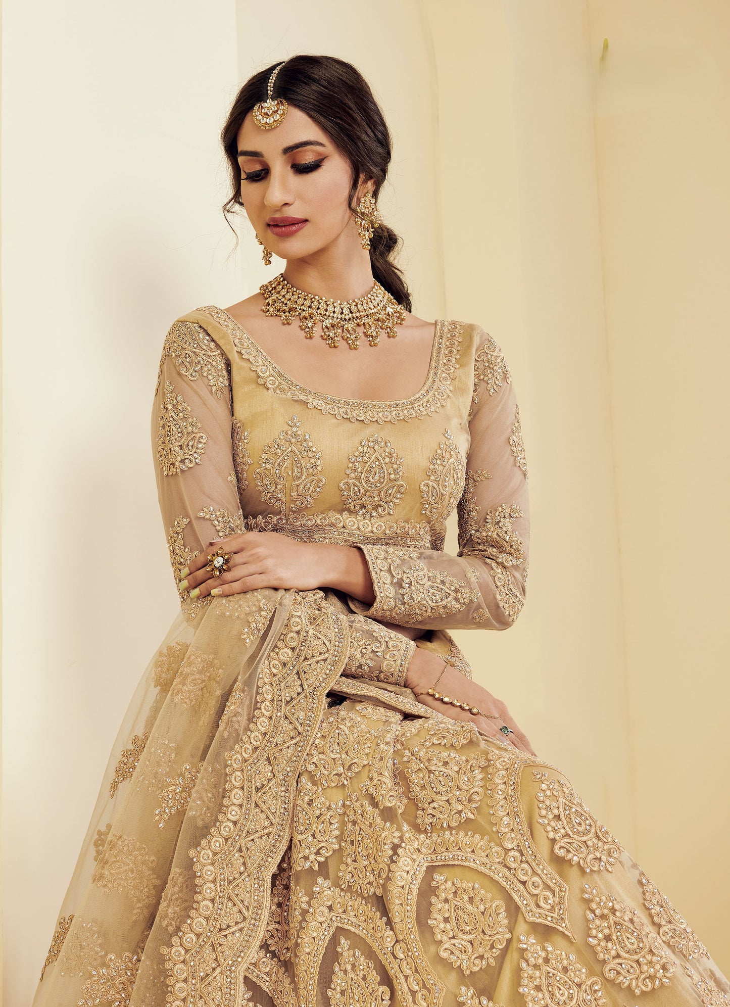 Gold Heavy Cording & Cut Work Embroidered Net Engagement Lehenga