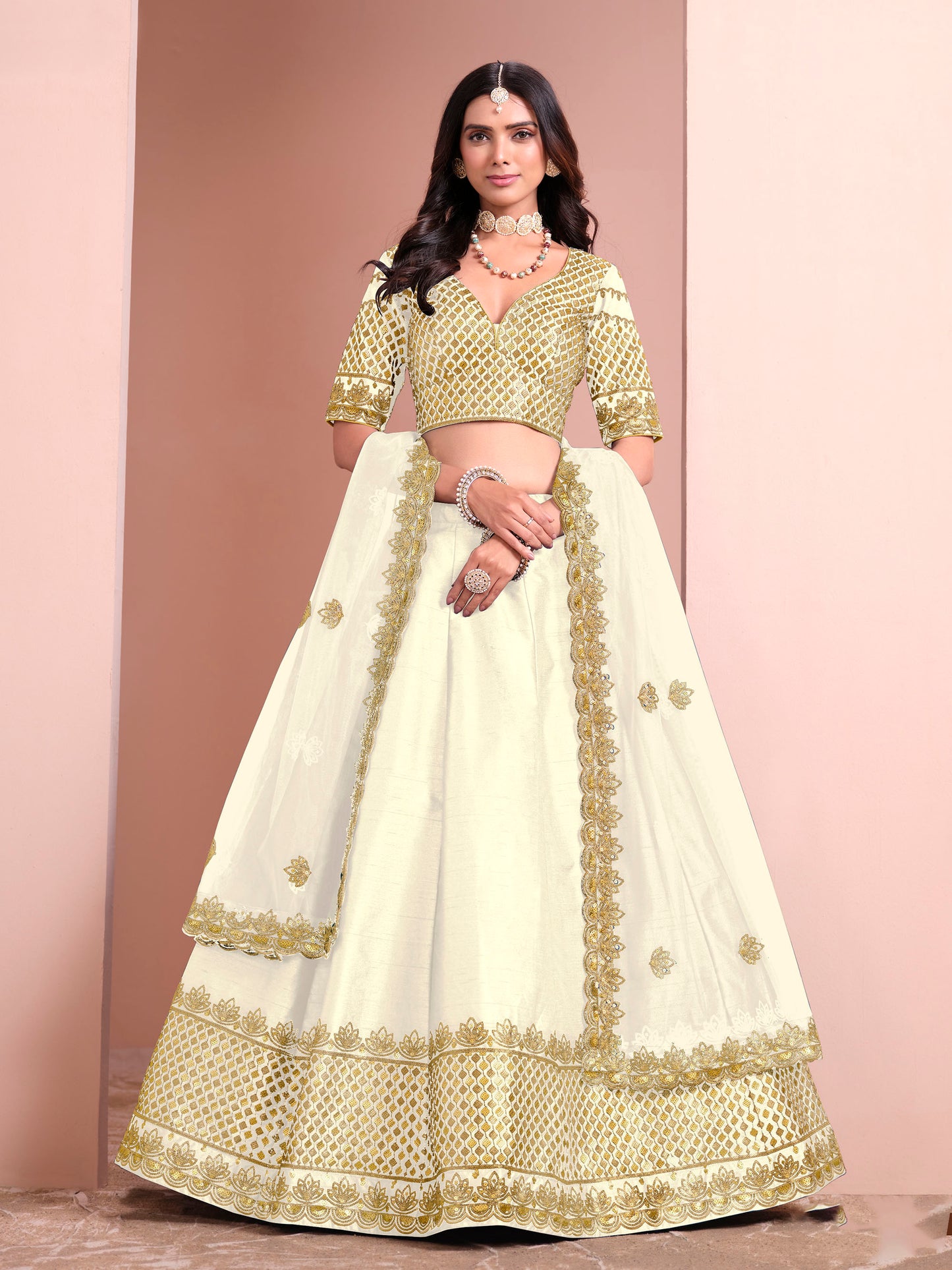 White Sequins Embroidered Art Silk Bridesmaid Lehenga