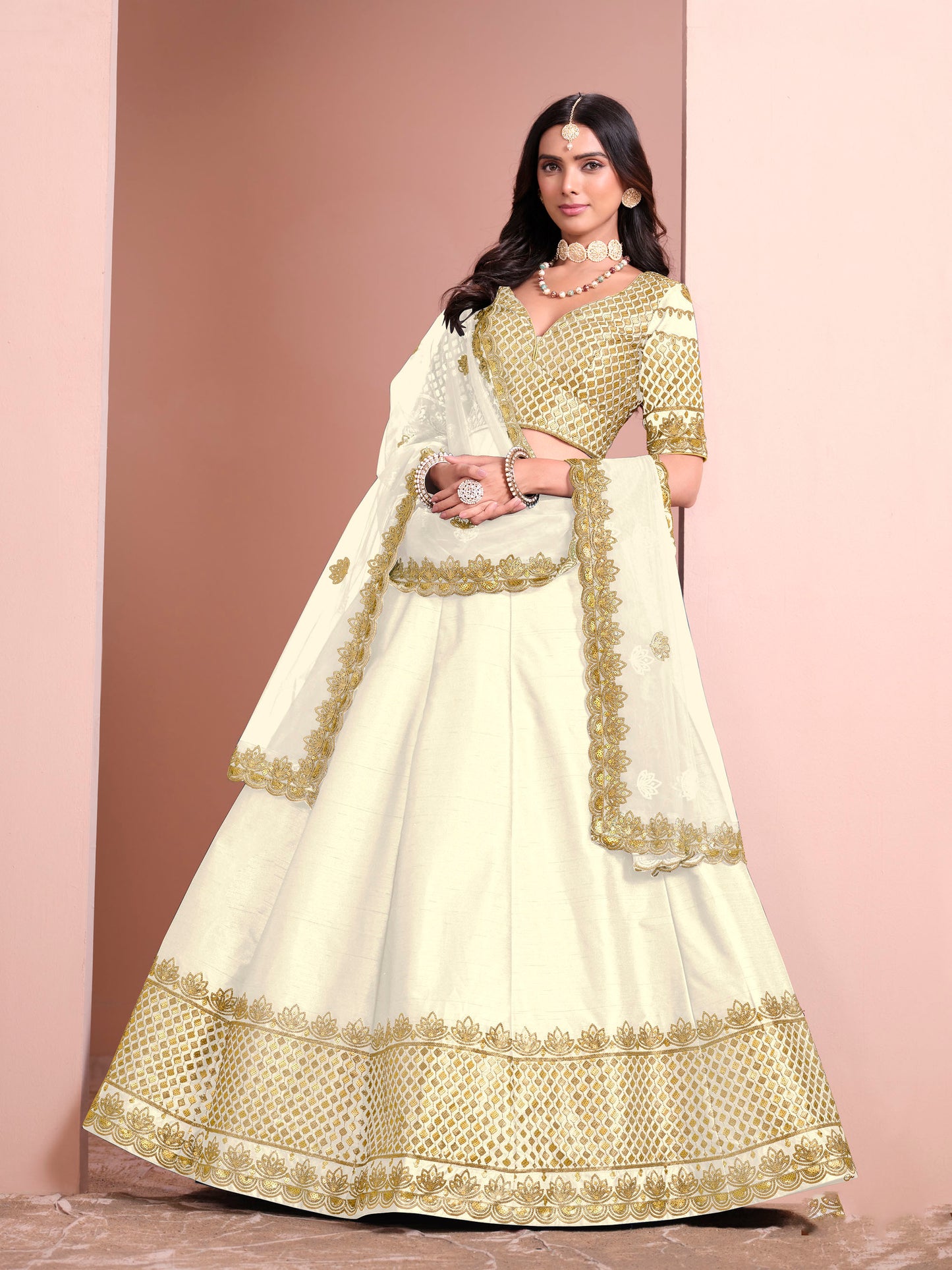 White Sequins Embroidered Art Silk Bridesmaid Lehenga