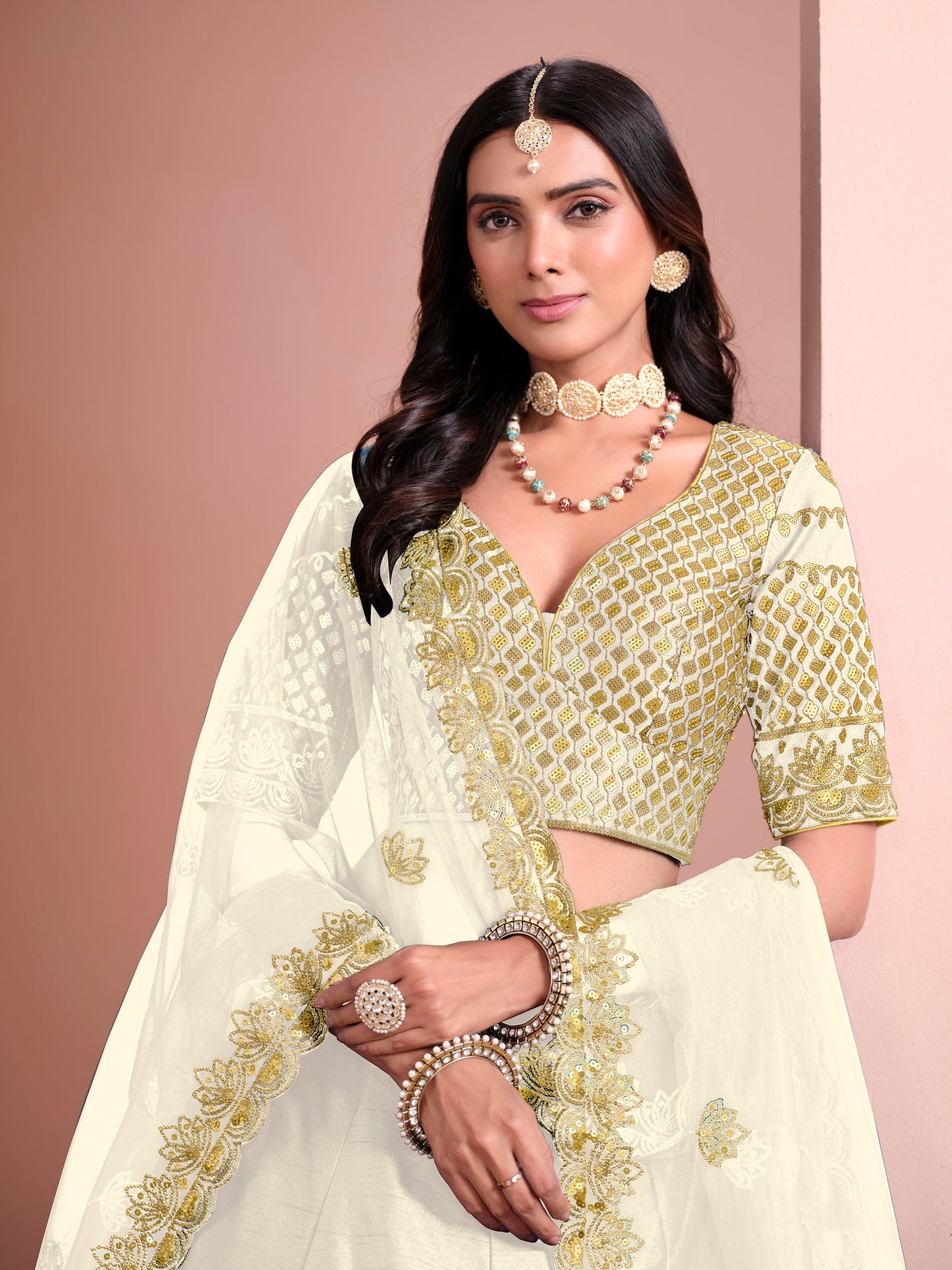 White Sequins Embroidered Art Silk Bridesmaid Lehenga