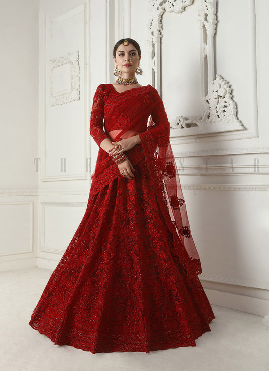 Red Cording Embroidery Net Bridesmaid Lehenga