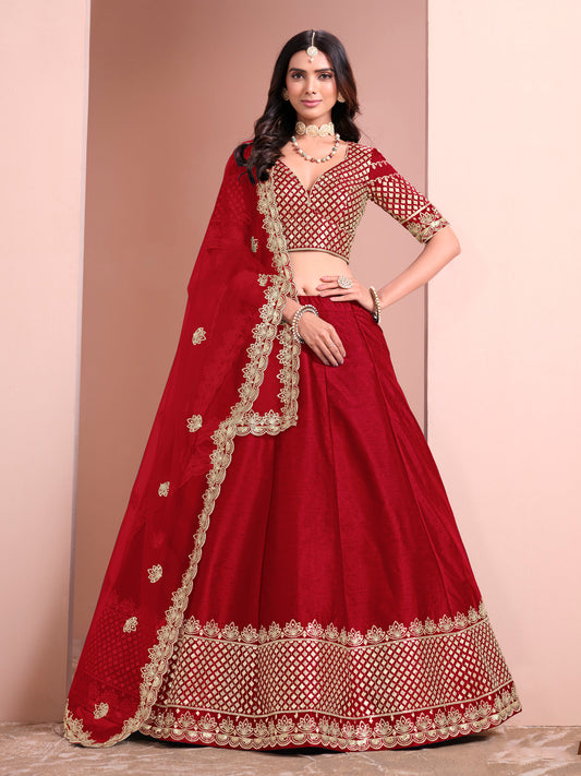 Red Sequins Embroidered Art Silk Bridesmaid Lehenga