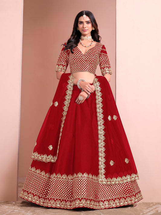 Red Sequins Embroidered Art Silk Bridesmaid Lehenga