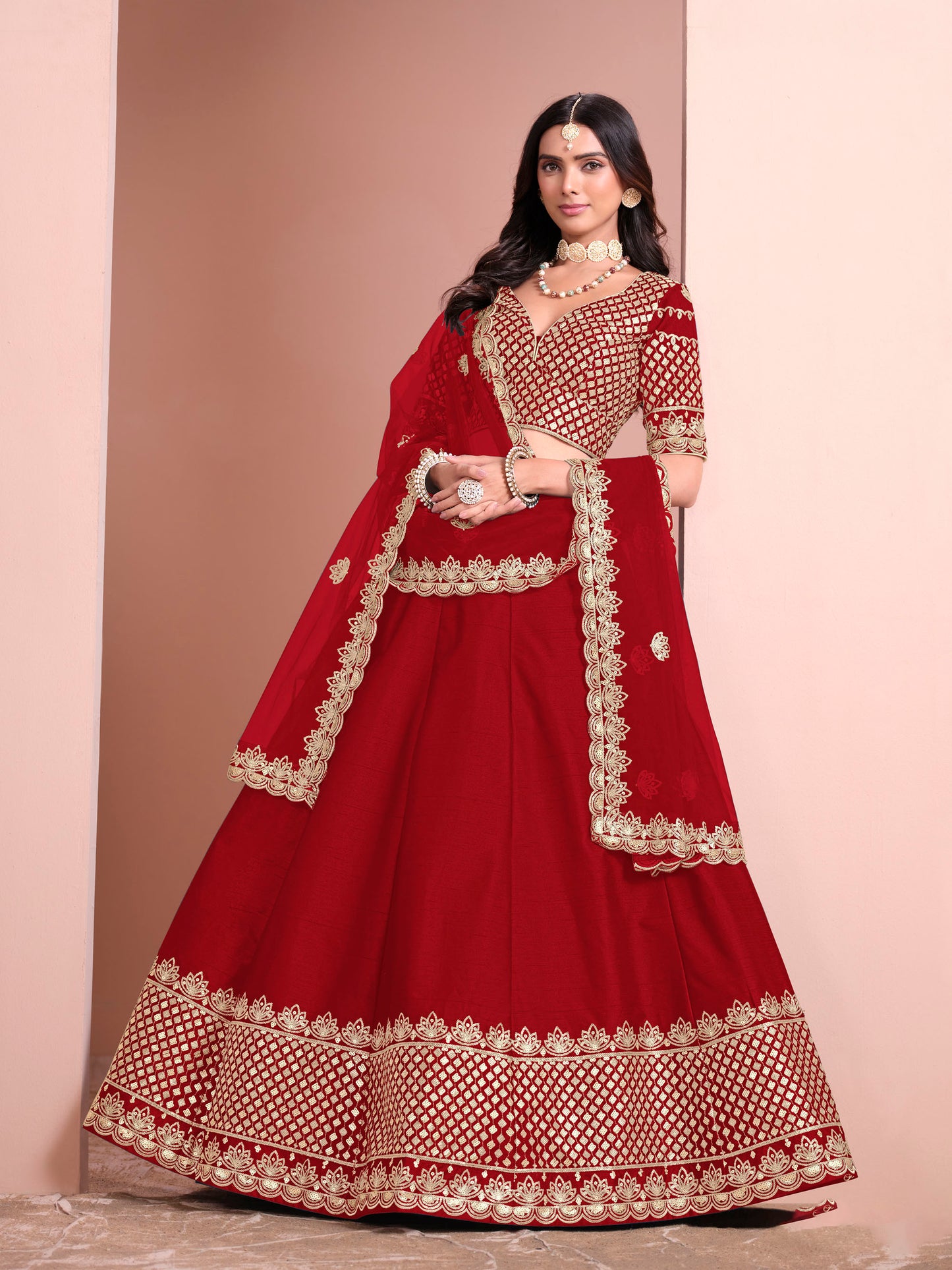 Red Sequins Embroidered Art Silk Bridesmaid Lehenga
