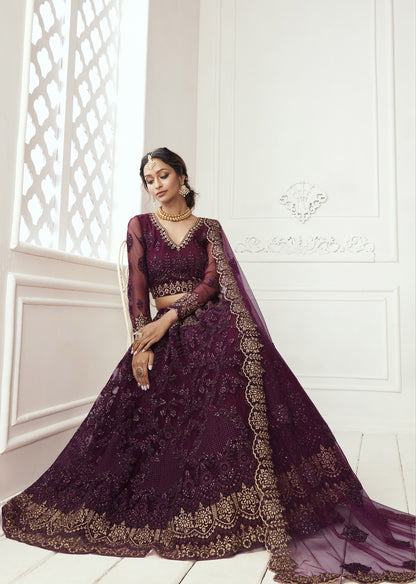 Wine Heavy Embroidery with Pearls Net Bridesmaid Lehenga