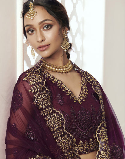 Wine Heavy Embroidery with Pearls Net Bridesmaid Lehenga
