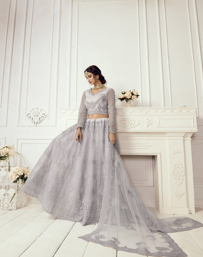 Light Purple Heavy Thread Embroidery Net Bridesmaid Lehenga