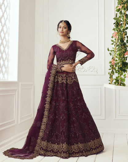 Wine Heavy Embroidery with Pearls Net Bridesmaid Lehenga