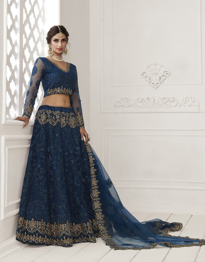 Dark Blue Heavy Embroidery Net Bridesmaid Lehenga