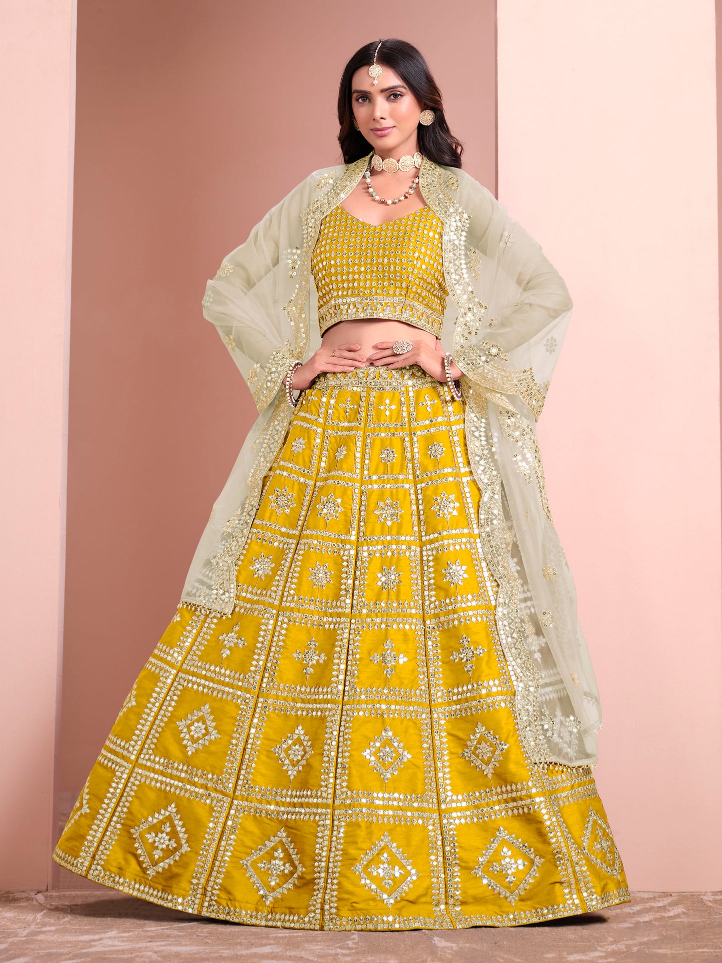 Yellow Art Silk Sequins Embroidered Wedding Guest Lehenga