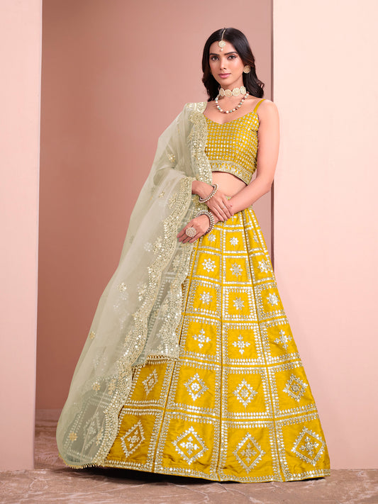Yellow Art Silk Sequins Embroidered Wedding Guest Lehenga