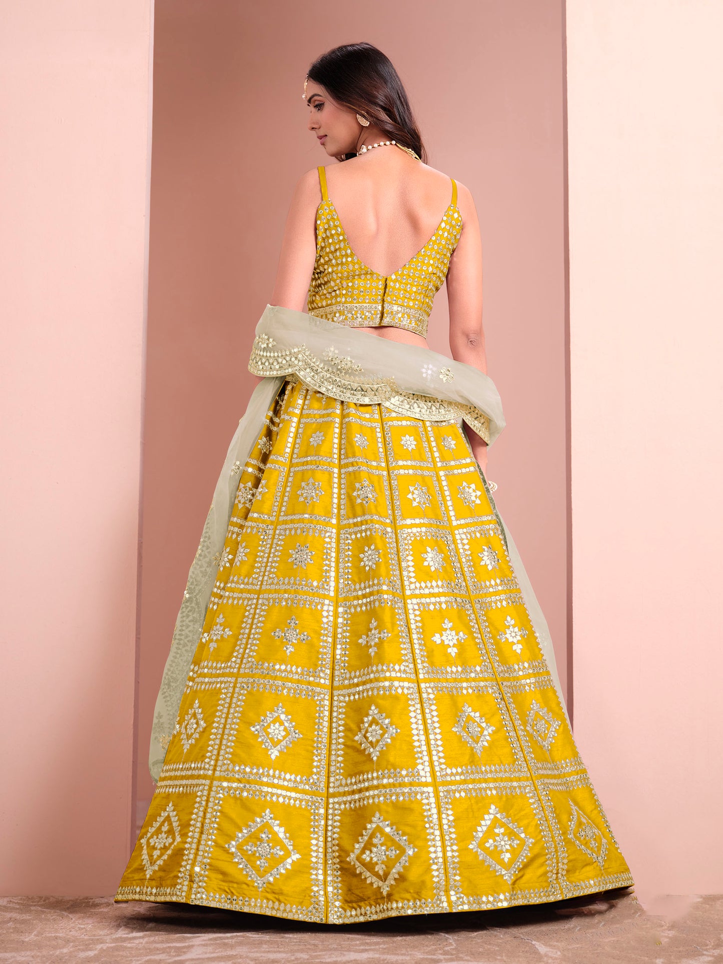 Yellow Art Silk Sequins Embroidered Wedding Guest Lehenga