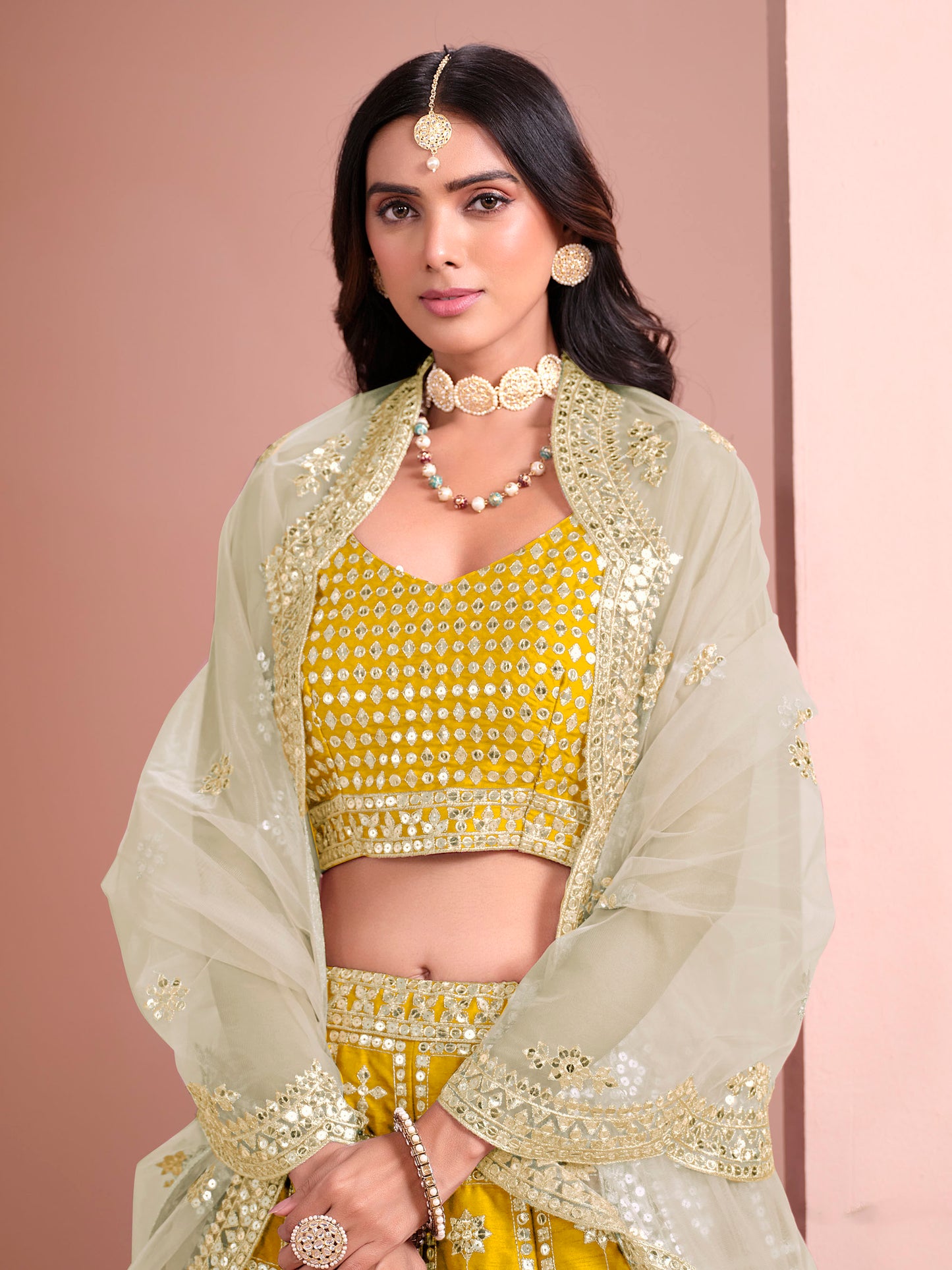 Yellow Art Silk Sequins Embroidered Wedding Guest Lehenga