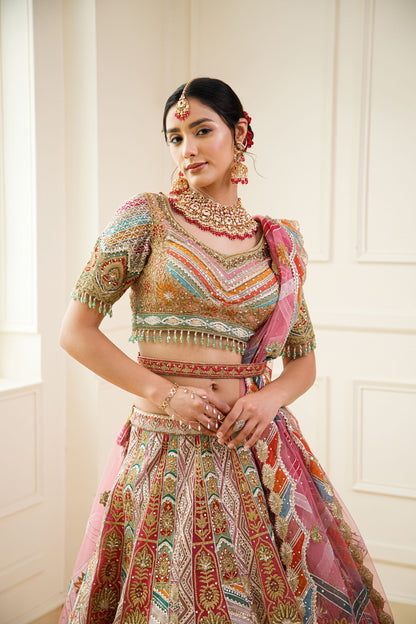 Multi Color Gota Patti Embroidery Organza Bridal Lehenga