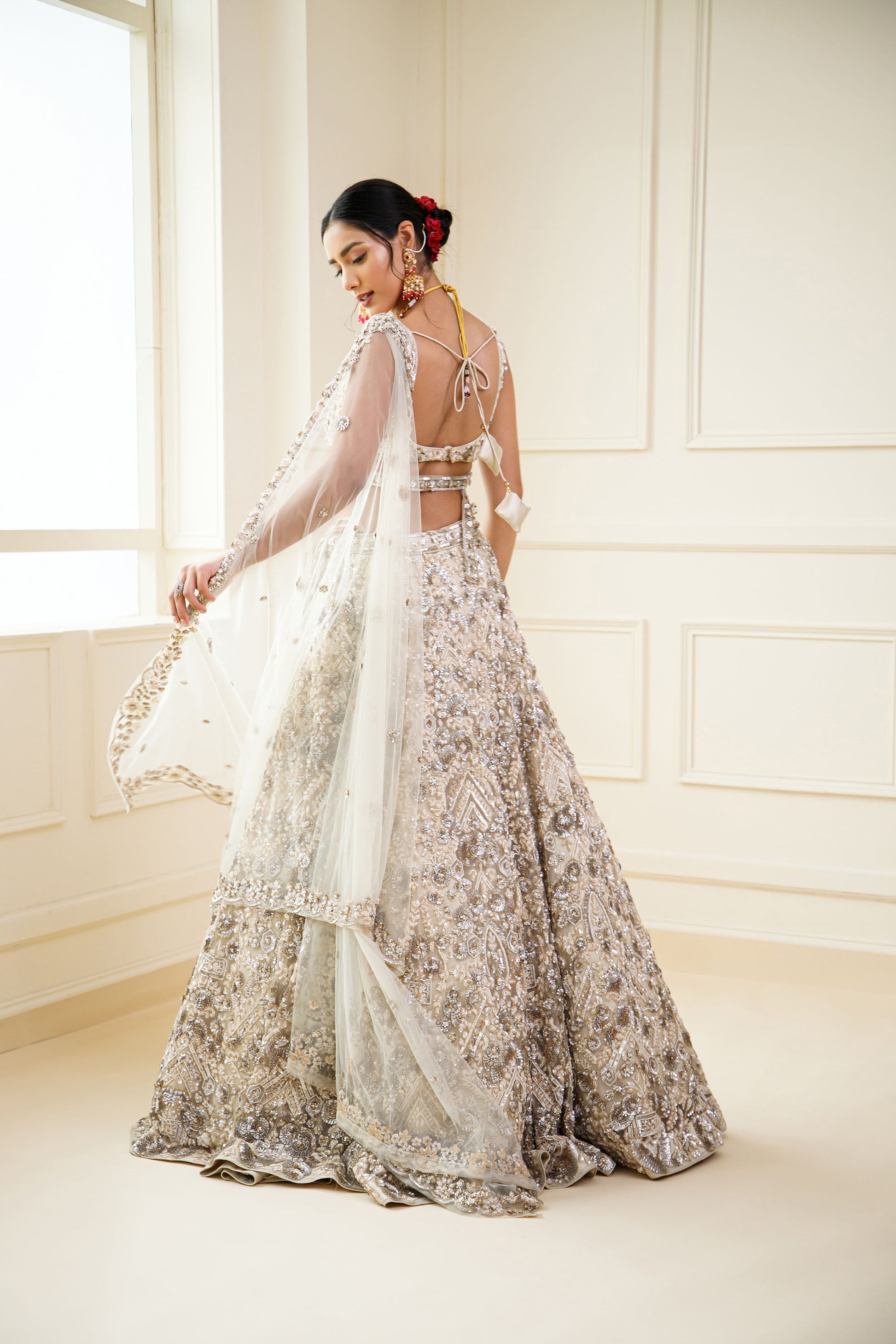 Off White Color Heavy Sequins Embroidery Net Bridal Lehenga