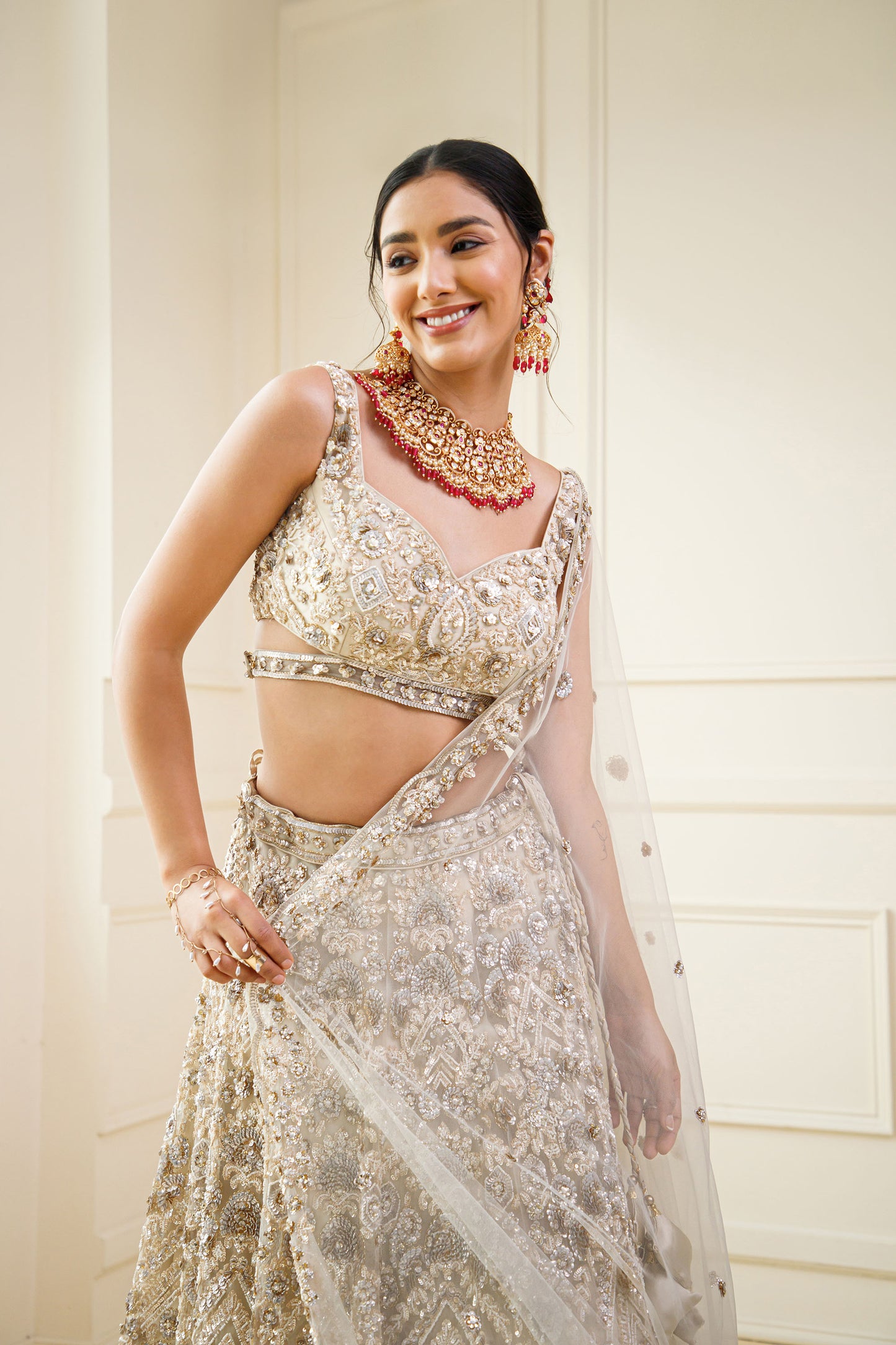 Ivory Color Heavy Sequins Embroidery Net Bridal Lehenga
