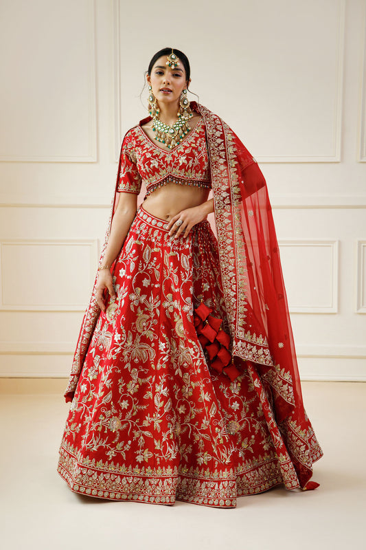 Red Color Raw Silk Zardozi Embroidery Bridal Lehenga