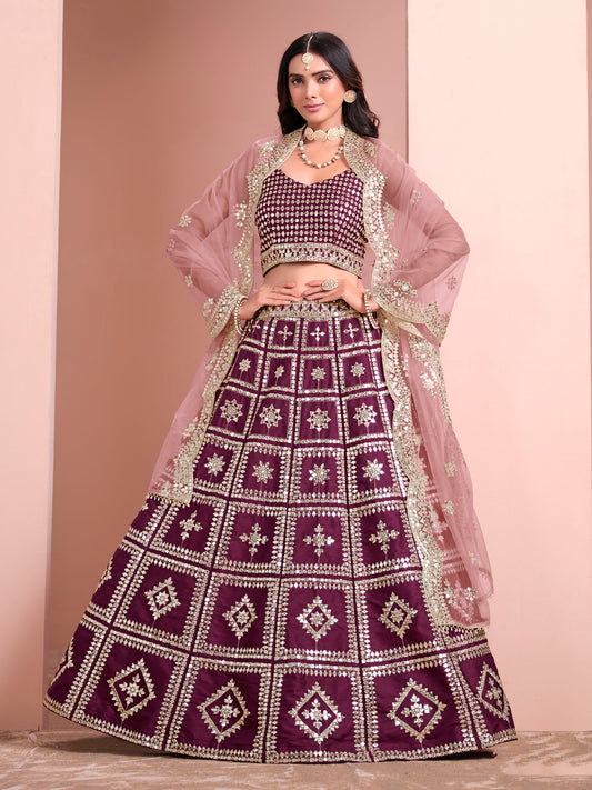 Wine Art Silk Sequins Embroidered Wedding Guest Lehenga