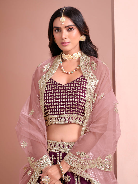 Wine Art Silk Sequins Embroidered Wedding Guest Lehenga