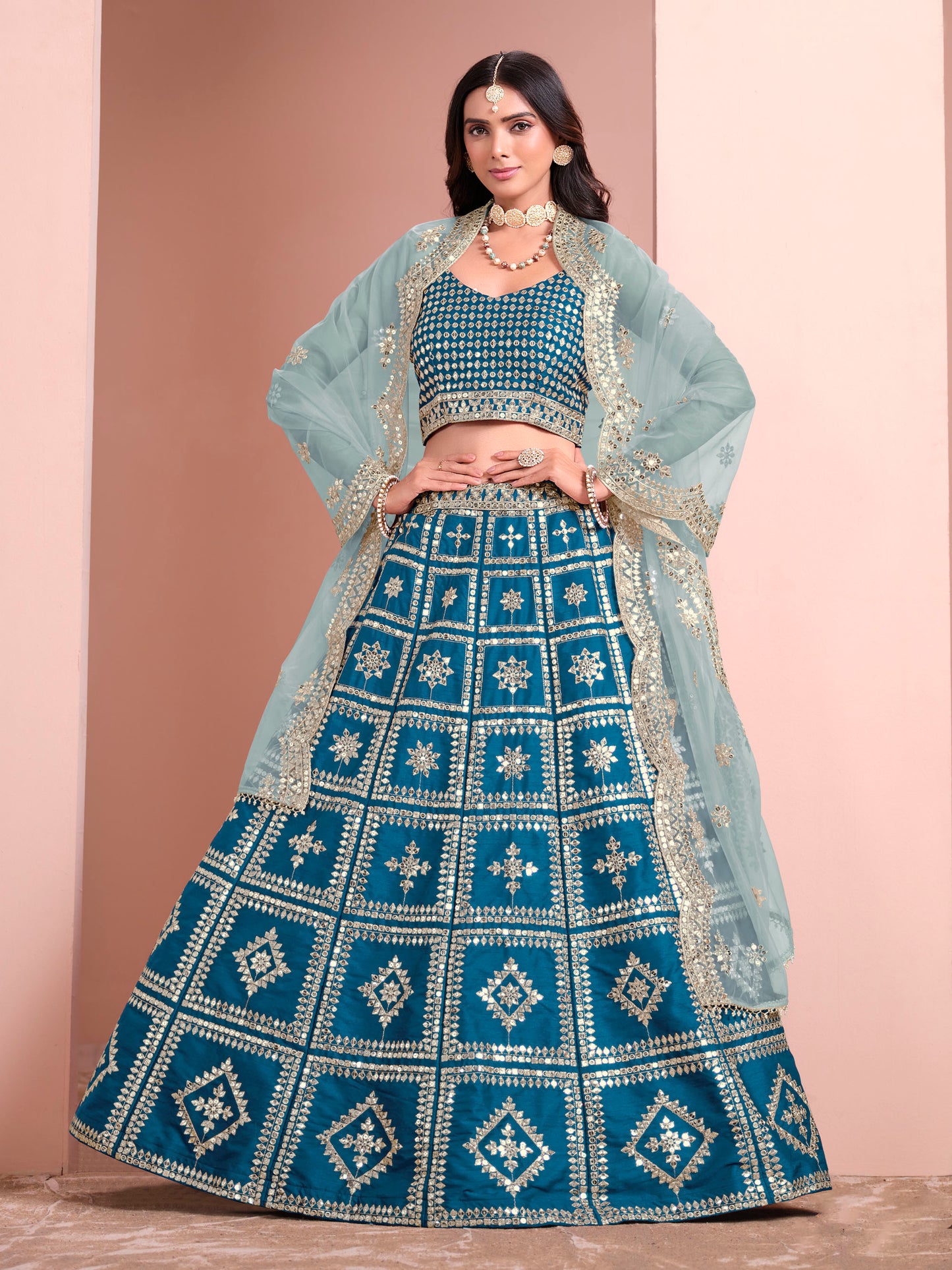 Blue Art Silk Sequins Embroidered Wedding Guest Lehenga