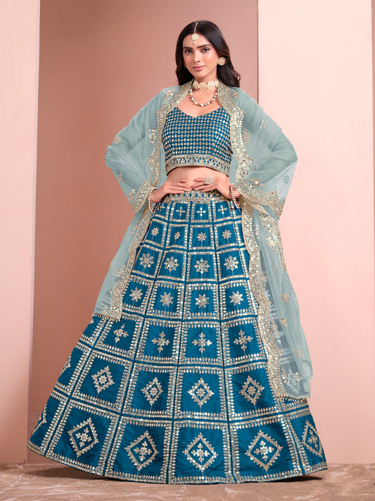 Blue Art Silk Sequins Embroidered Wedding Guest Lehenga