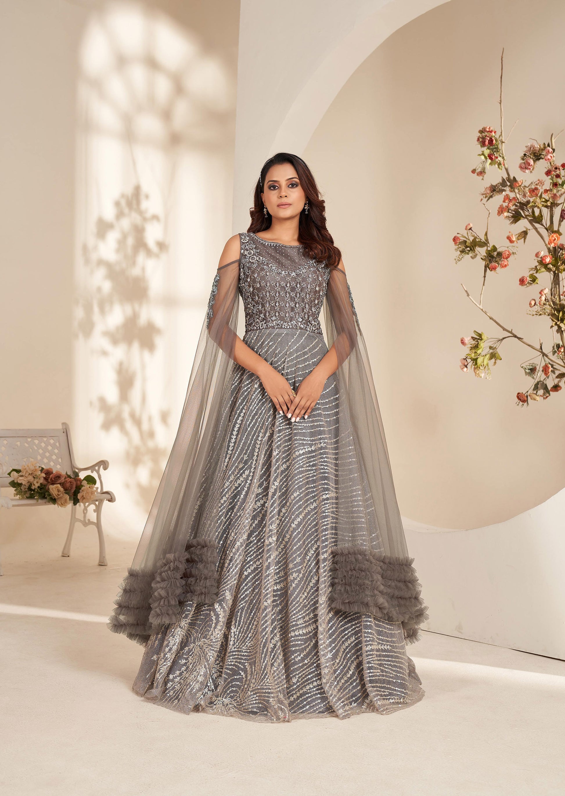 Silk Gown Latest Gaun Dress Design Grey Art Silk And Net Designer