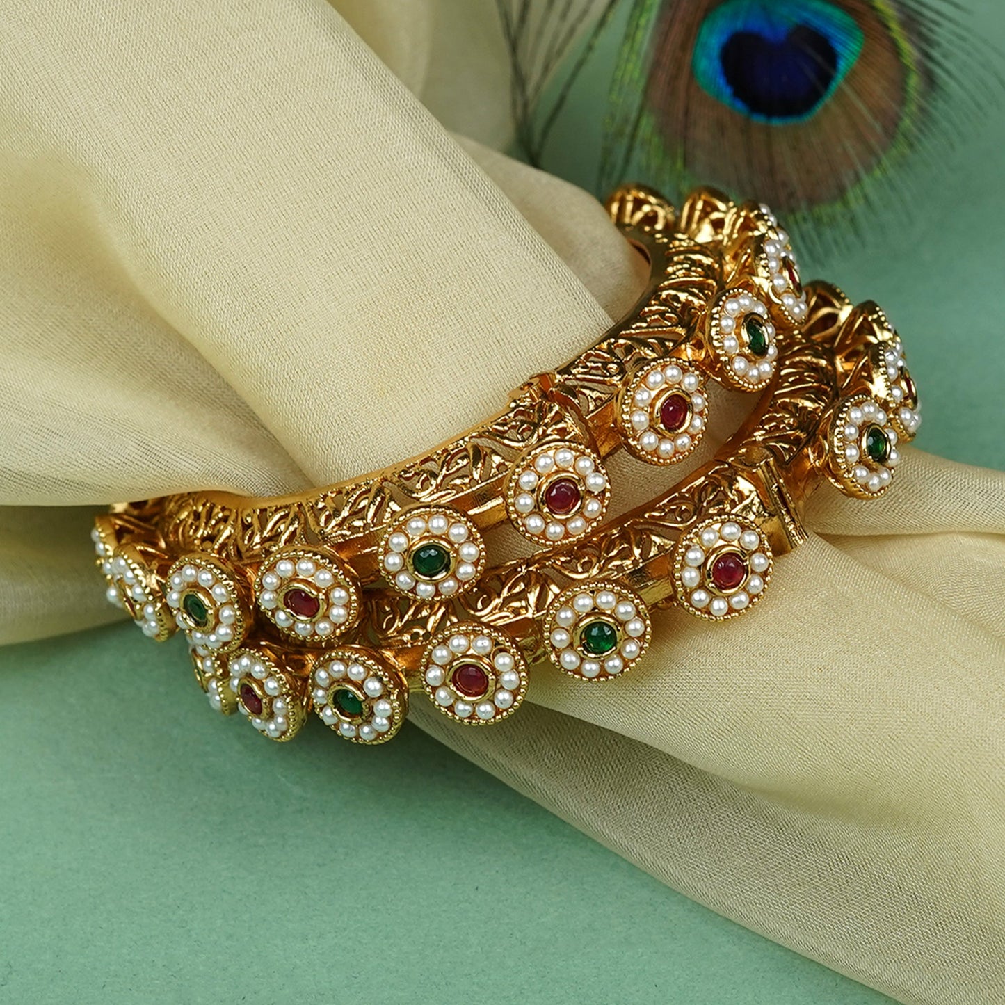 Zevar Club Set of 2 22K Gold-Plated Handcrafted Bangles  with Ruby Emerald Kundan Floral & Pearl Accents