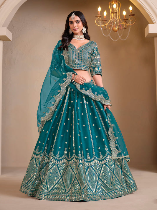 Rama Green Cutwork Embroidered Art Silk Lehenga