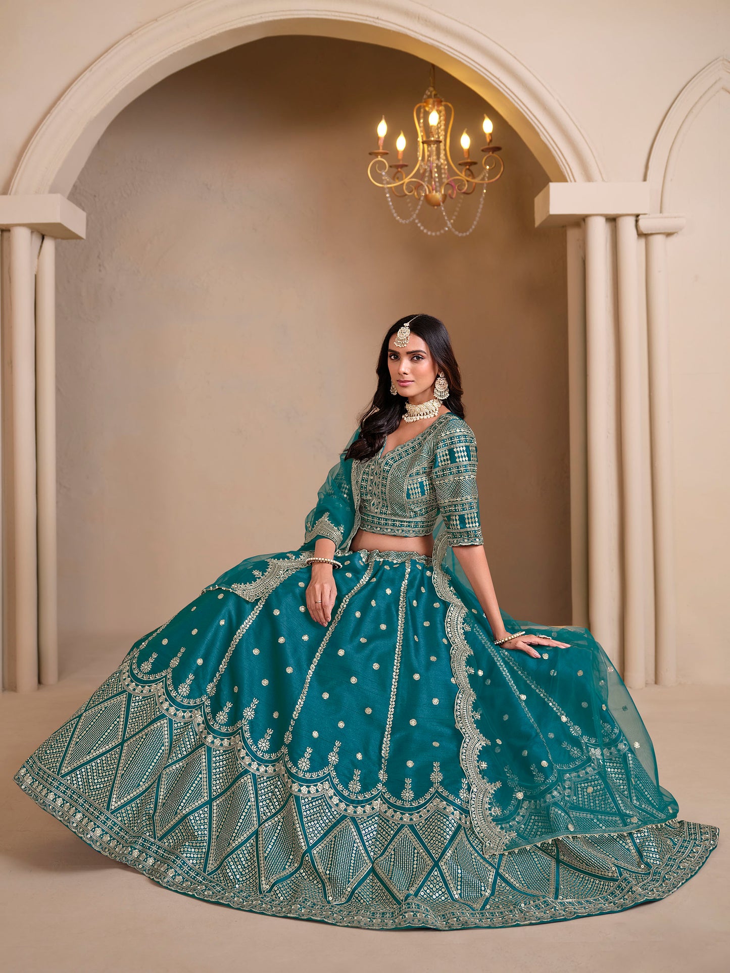 Rama Green Cutwork Embroidered Art Silk Lehenga