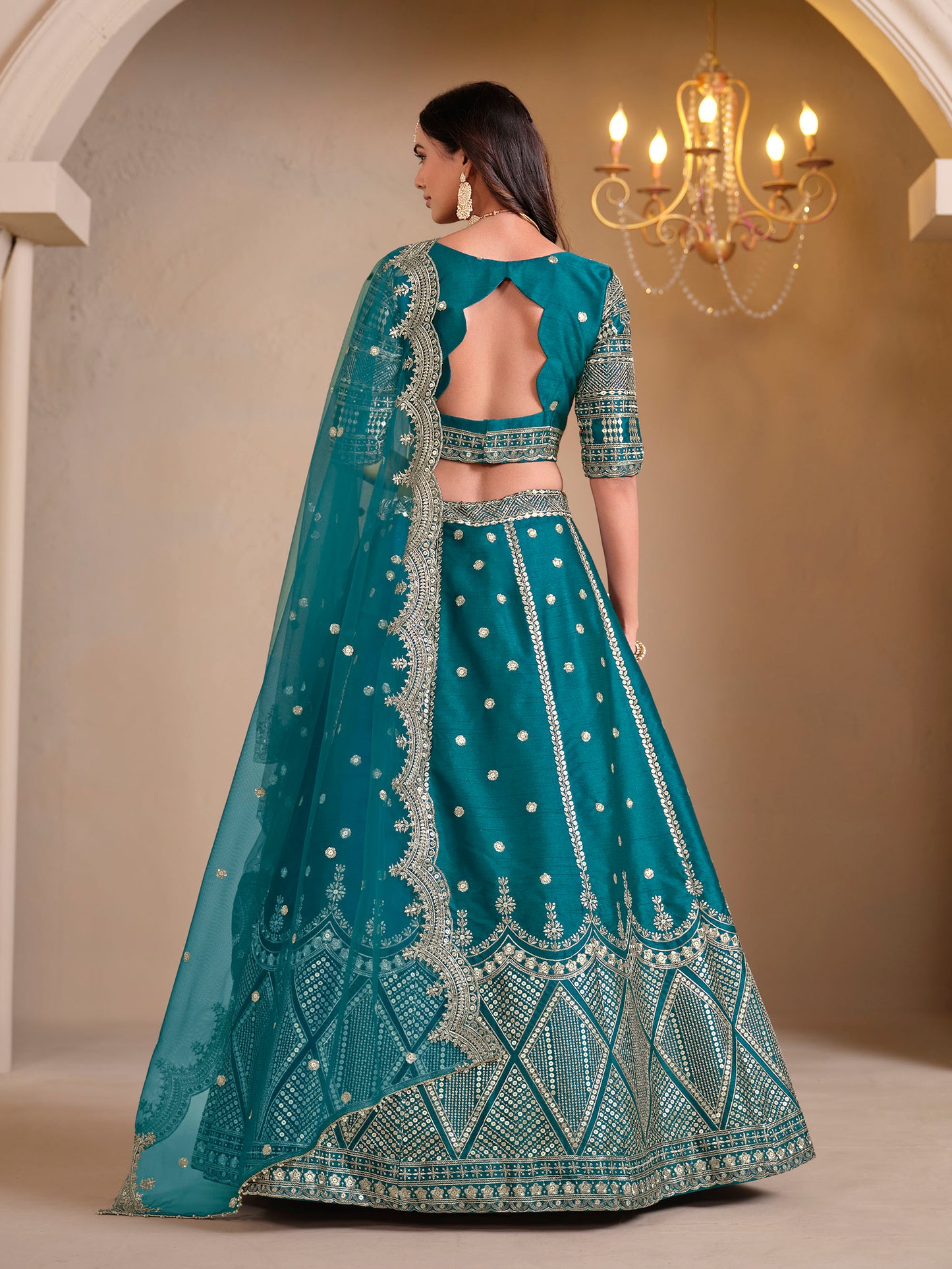 Rama Green Cutwork Embroidered Art Silk Lehenga