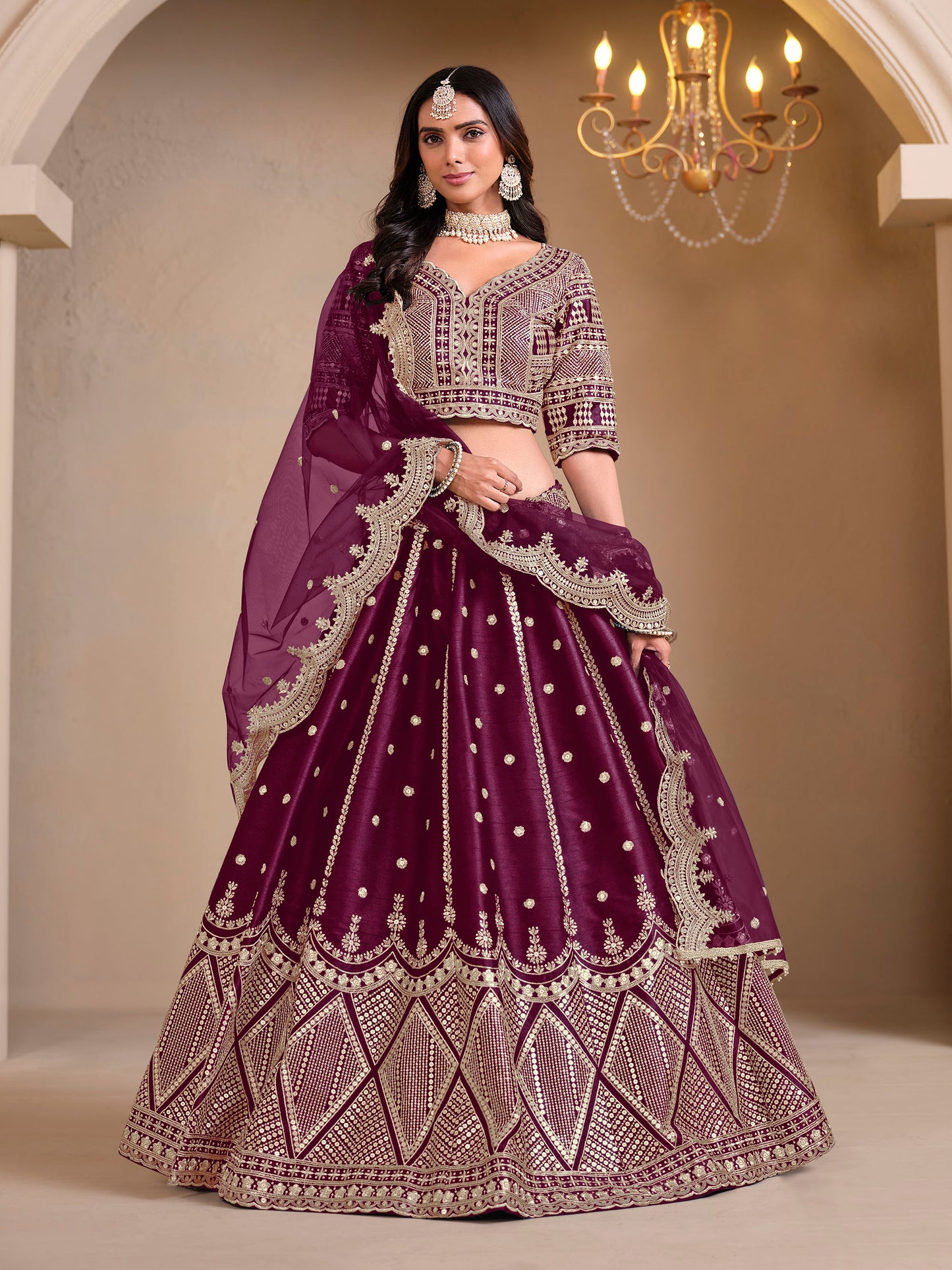 Wine Cutwork Embroidered Art Silk Lehenga