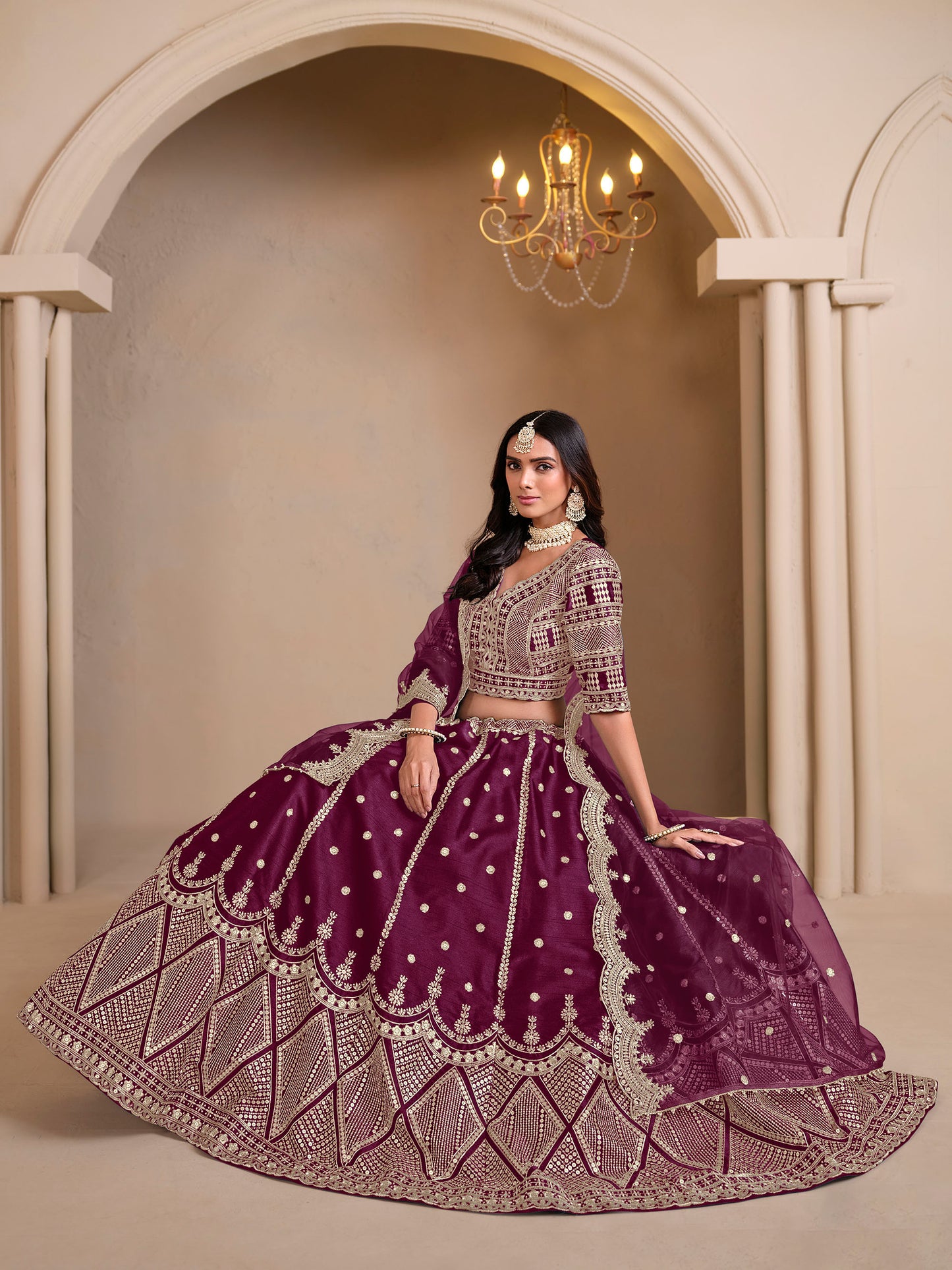 Wine Cutwork Embroidered Art Silk Lehenga