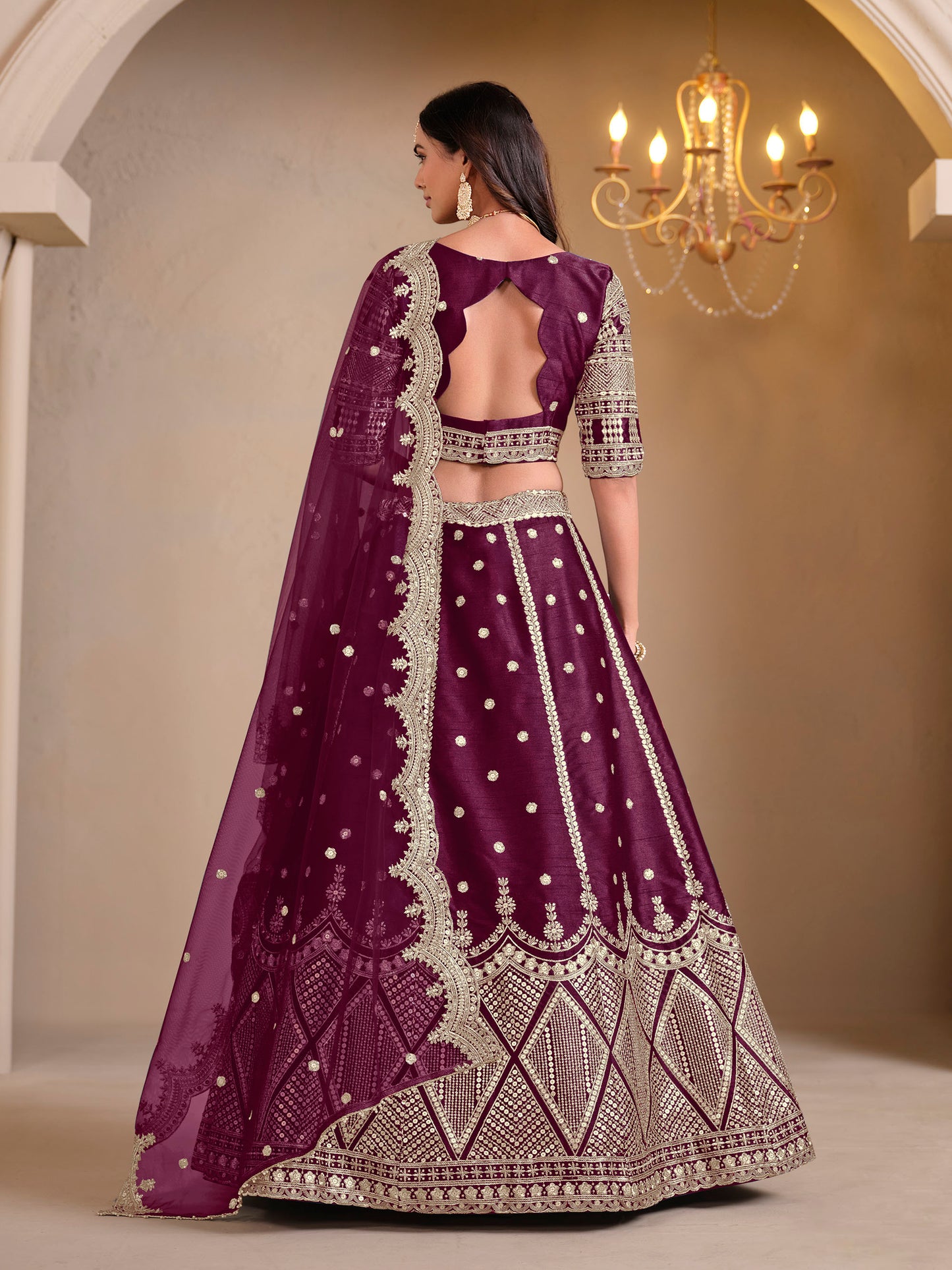 Wine Cutwork Embroidered Art Silk Lehenga