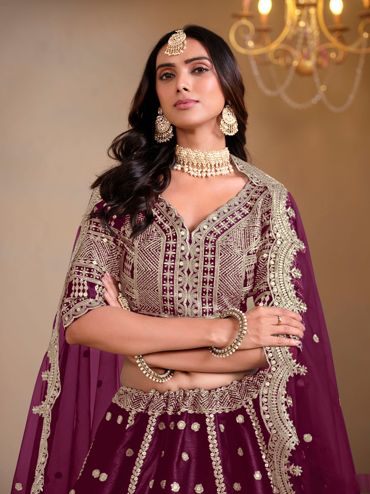 Wine Cutwork Embroidered Art Silk Lehenga
