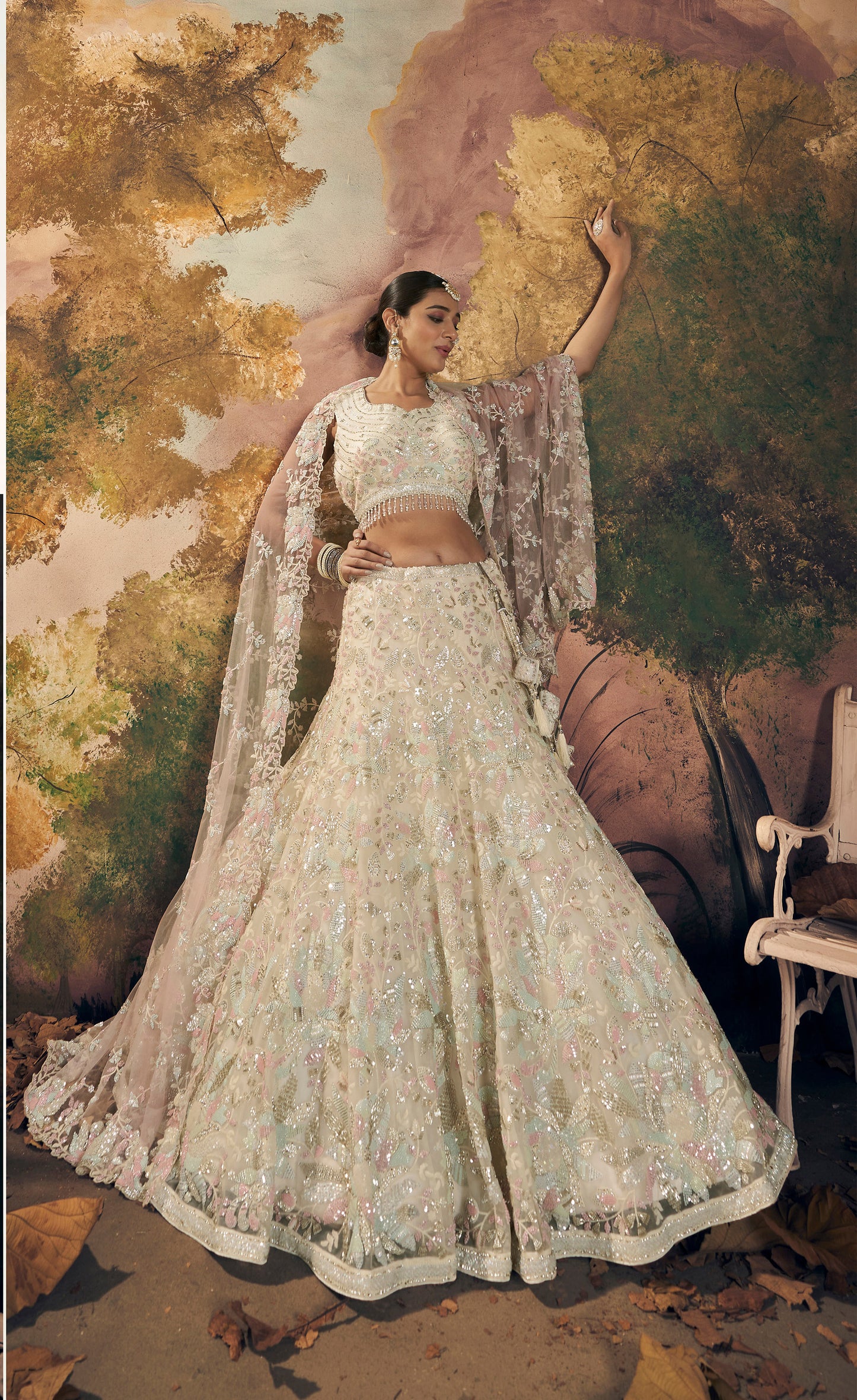 Cream Floral Embroidery and Beads Work Georgette Lehenga