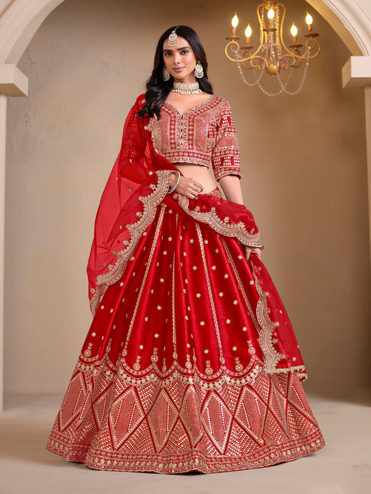 Red Cutwork Embroidered Art Silk Lehenga