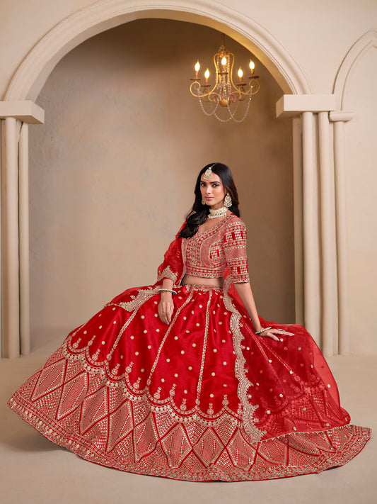 Red Cutwork Embroidered Art Silk Lehenga