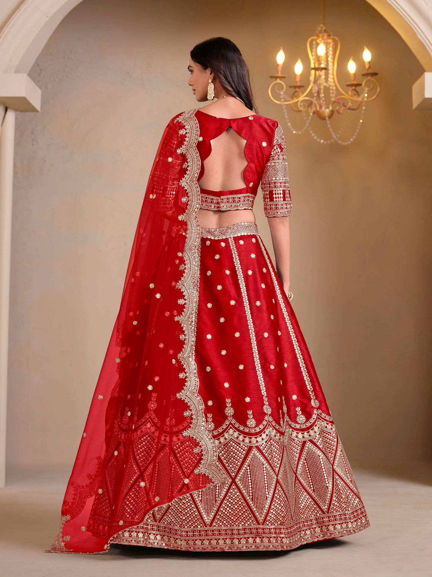Red Cutwork Embroidered Art Silk Lehenga