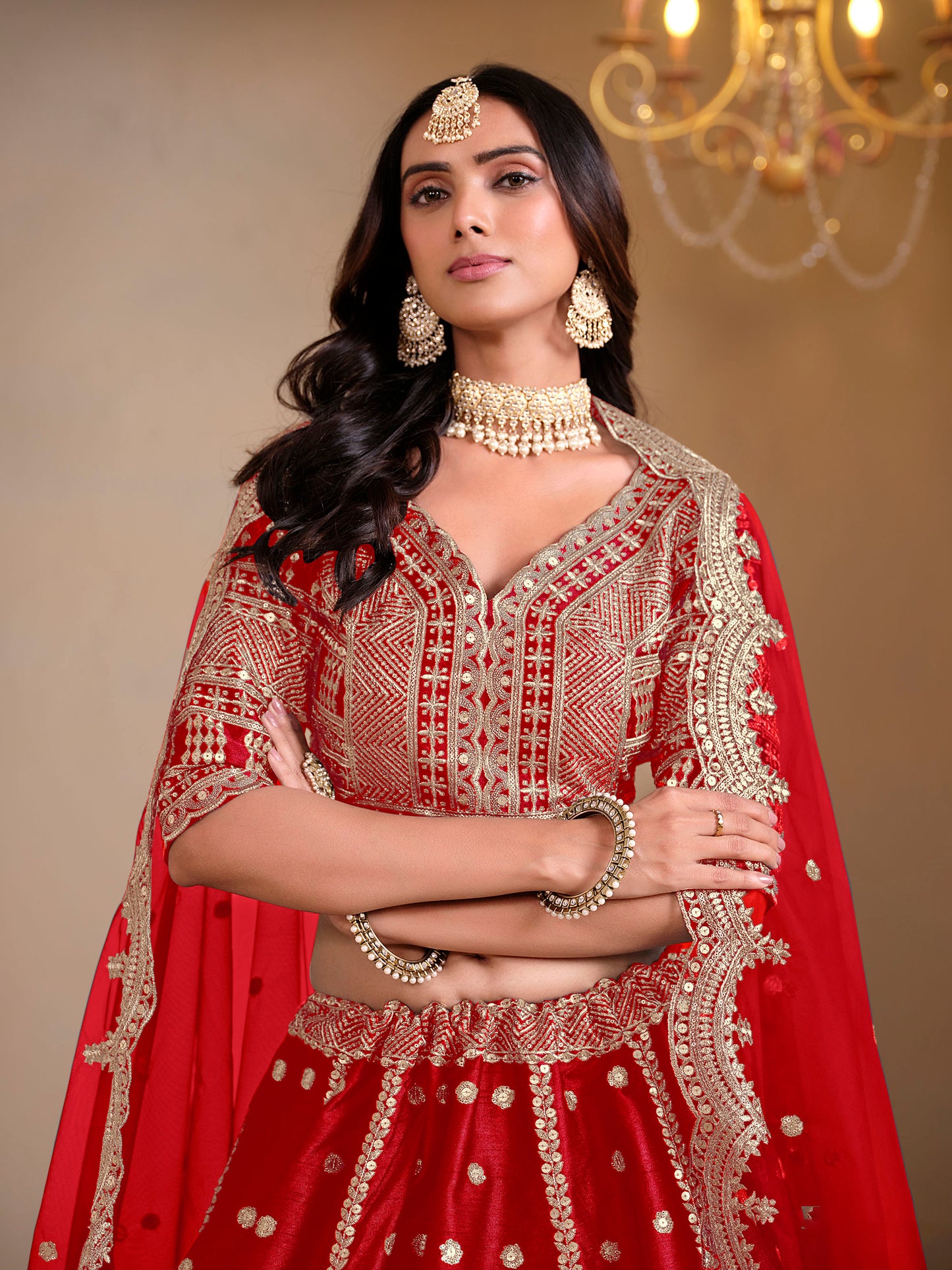 Red Cutwork Embroidered Art Silk Lehenga