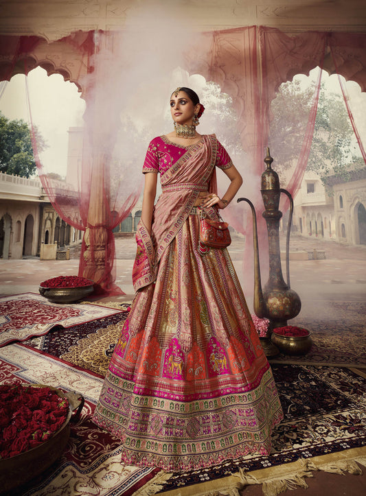 Rose Pink Color Banarasi Silk Bridal Lehenga