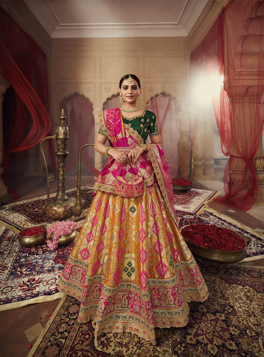 Yellow and Dark Pink Color Banarasi Silk Bridal Lehenga