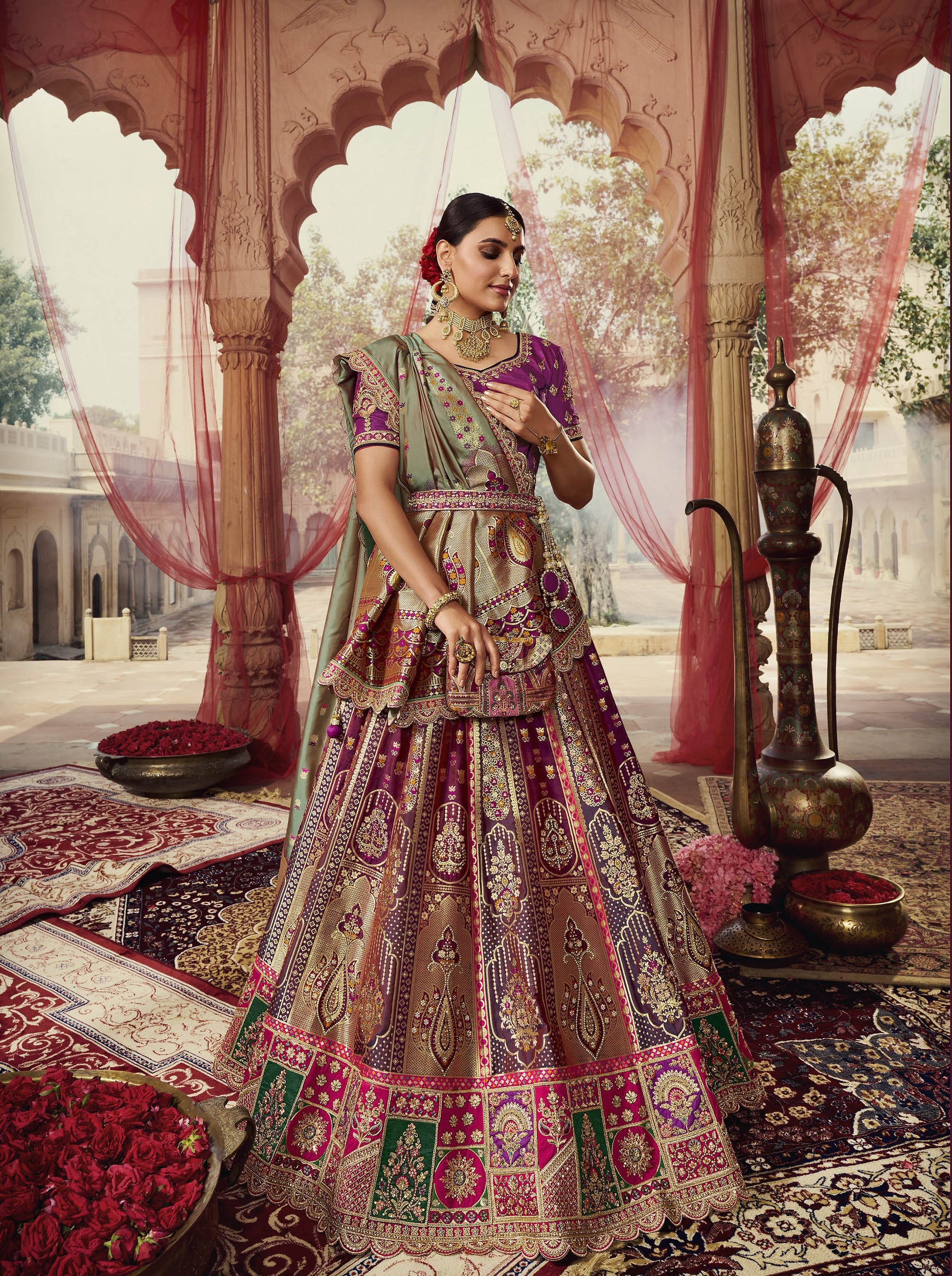 Bride Jewellery On Banarasi Lehenga Pink Banarasi Wedding Lehenga