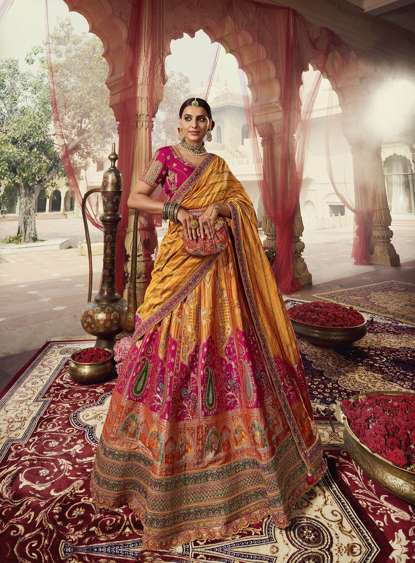 Yellow and Pink Sequins Work Banarasi Silk Bridal Lehenga