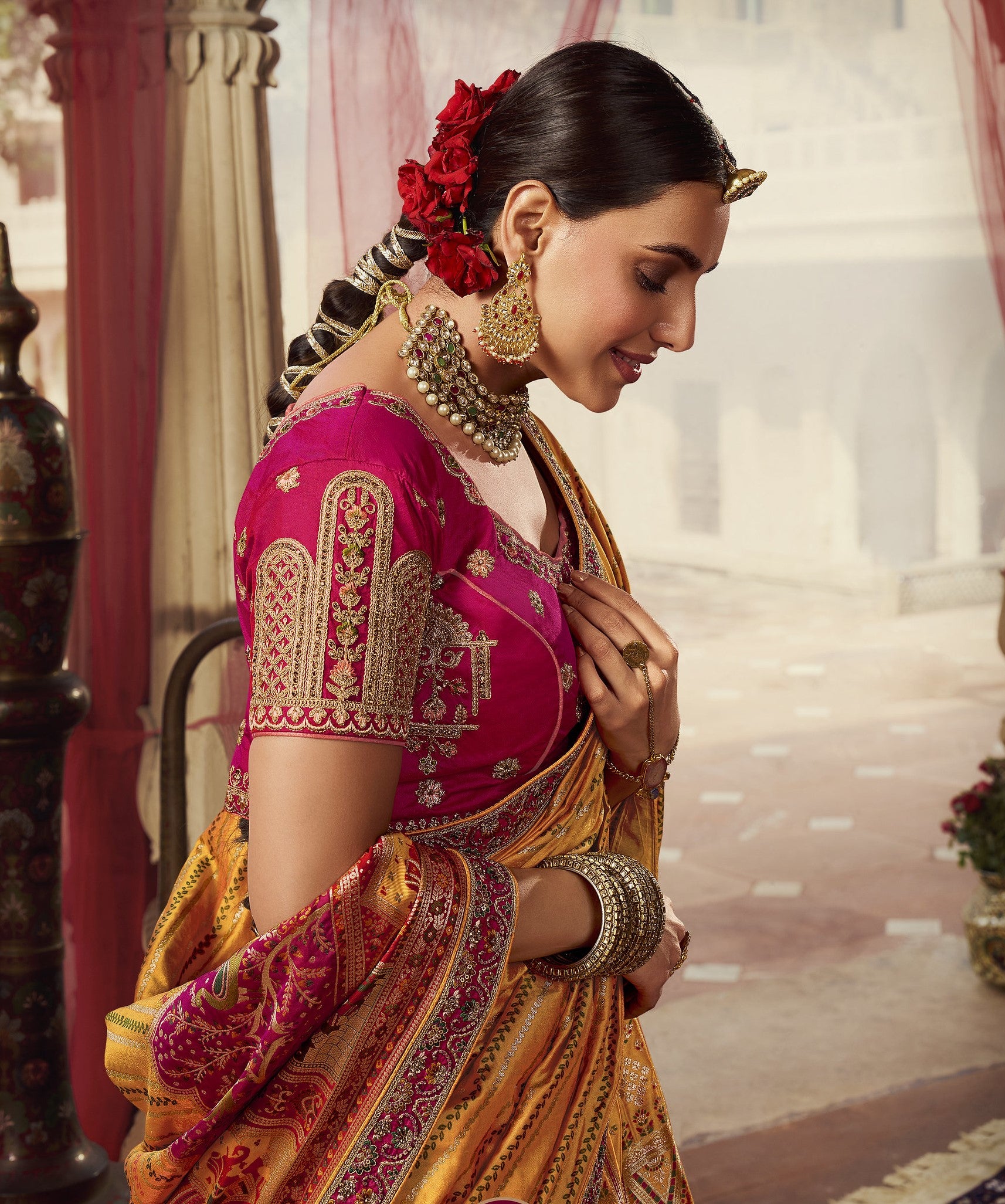 Yellow and Pink Sequins Work Banarasi Silk Bridal Lehenga
