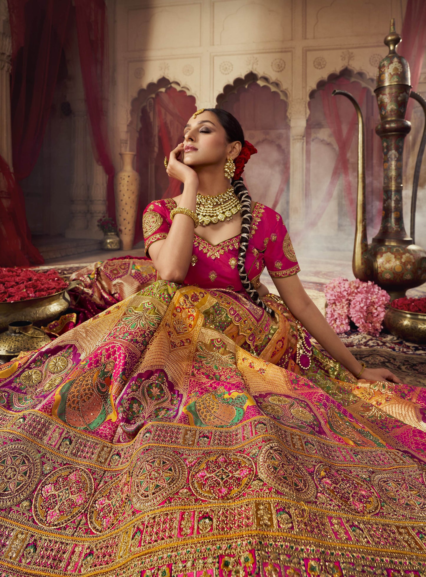 Multi Color Banarasi Silk Sequins Work  Bridal Lehenga